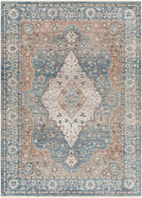Detailed view of the Edremit Area Rug featuring cream, blue, and brown oriental pattern. Design-Rectangle-537