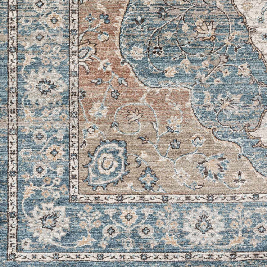 Close-up of the Edremit Area Rug showing its traditional oriental pattern, cream, blue, and brown colors. Swatch