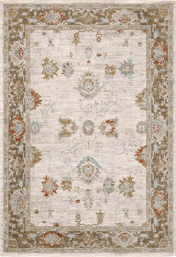 Close-up of the Elloree Traditional rug. Beige rug with brick red, charcoal, and light gray floral and border pattern. Design-Rectangle