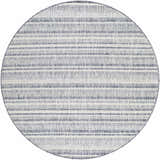 Round Emirgazi Striped Nordic Rug with a blue, gray, and off-white bohemian pattern. Machine woven texture. Design-Round-53
