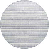 Close-up of a round Emirgazi Striped Nordic Rug. Blue and off-white stripes create a modern, textured pattern. Design-Round-710