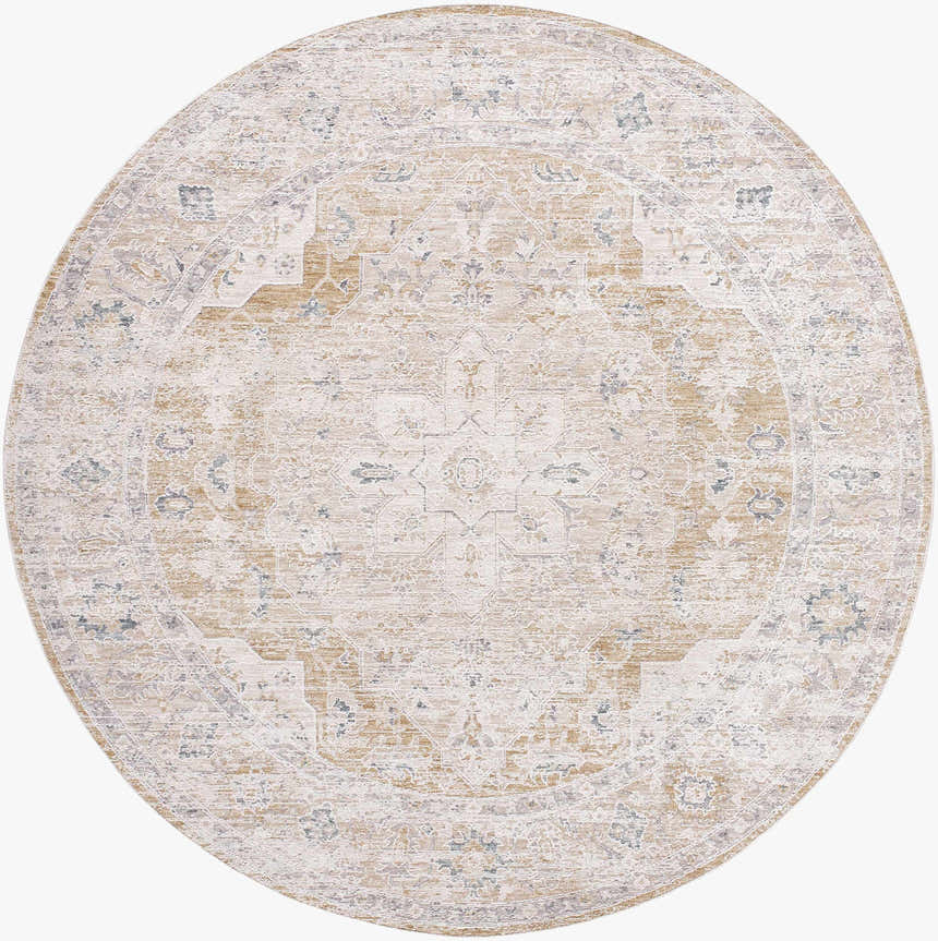 Close-up of a round Rhody Luxe Rug. Light silver, sterling gray, and gold traditional design. Design-Round-7