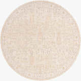 Round Rafee Tan Luxe Area Rug. Cream, ivory, and tan rug with a traditional, geometric pattern. Machine woven polyester. Design-Round-7