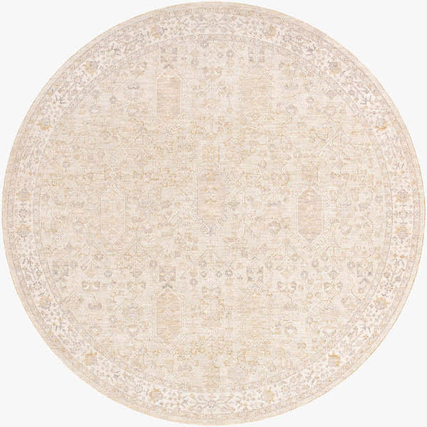 Round Rafee Tan Luxe Area Rug. Cream, ivory, and tan rug with a traditional, geometric pattern. Machine woven polyester. Design-Round-7