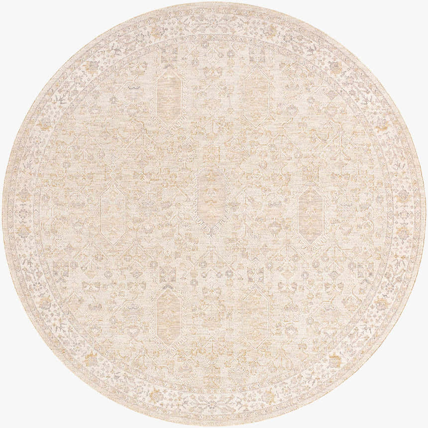 Round Rafee Tan Luxe Area Rug. Cream, ivory, and tan rug with a traditional, geometric pattern. Machine woven polyester. Design-Round-7