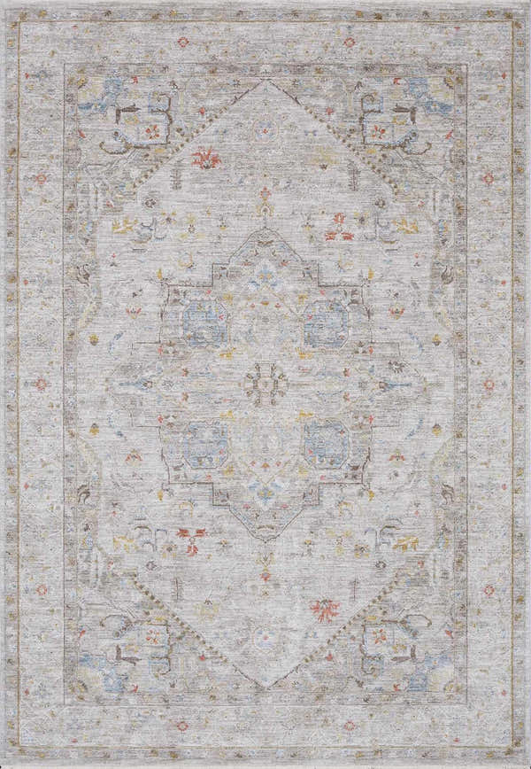 Close-up of the Engin Thick Luxe Area Rug. Features a traditional pattern in amber, gray, blue, and pink hues. Design-Rectangle
