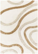 Close-up of the Espiye Area Rug. Shag rug with dark brown and driftwood wavy stripes on a light peach background. Design-Rectangle-537