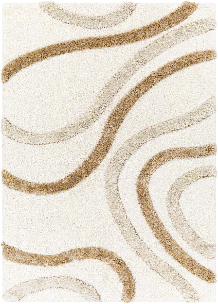 Close-up of the Espiye Area Rug. Shag rug with dark brown and driftwood wavy stripes on a light peach background. Design-Rectangle-537