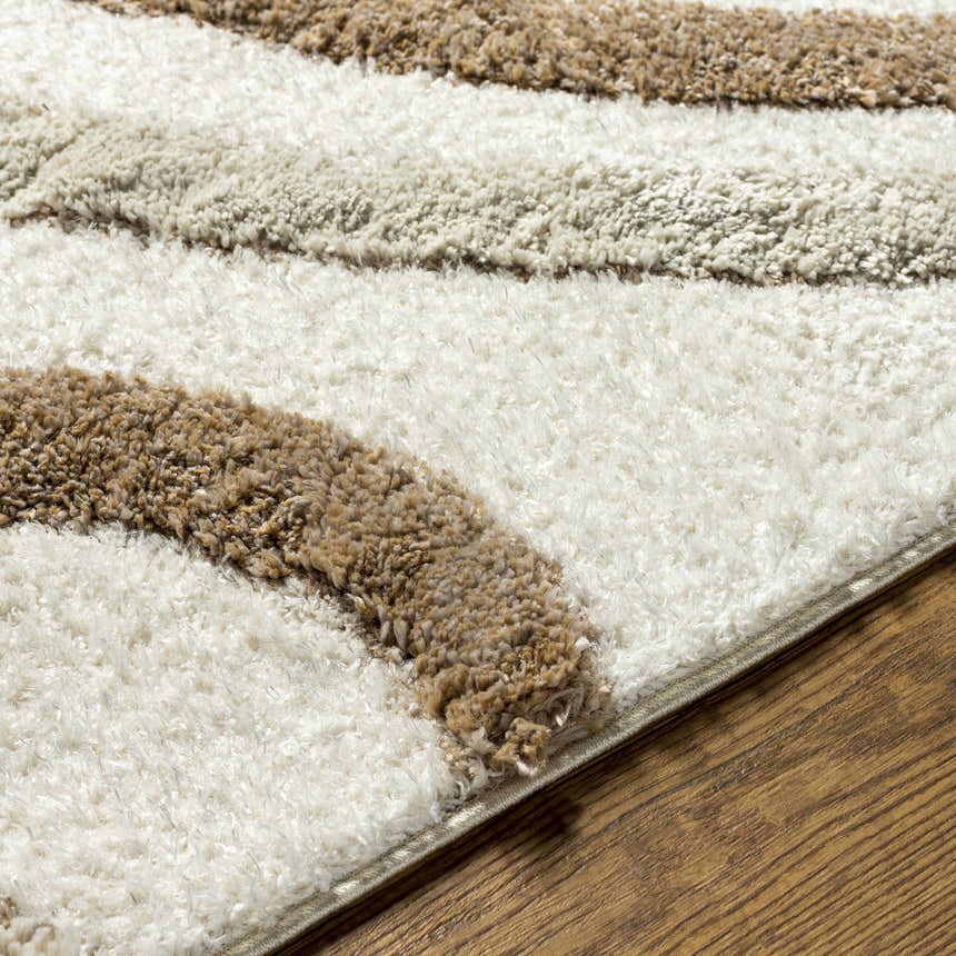 Close-up of the Espiye Area Rug, showing a shag texture with dark brown and driftwood striped pattern. Texture