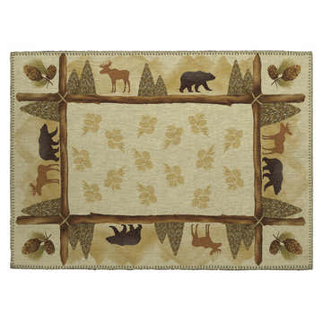 Dalyn Excursion EX2 Beige Washable Area Rug with lodge style design, featuring bears, moose, pine trees, and pinecones.