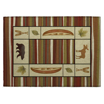 Dalyn Excursion EX3 Canyon rug featuring canoes, paddles, leaves, moose, and bear on beige and striped brown background.