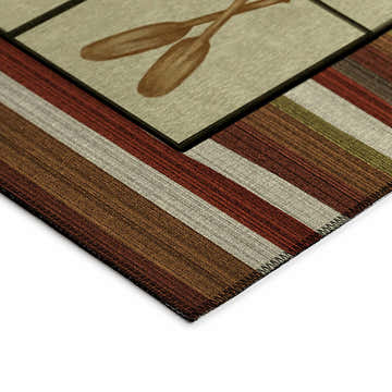 Close-up of Dalyn Excursion EX3 Canyon rug. Beige squares with paddles, brown stripes. Lodge style, machine-made.