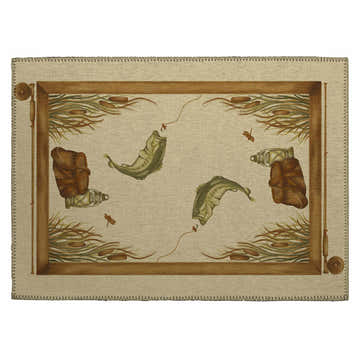 Close-up of the Dalyn Excursion EX5 Beige Washable Area Rug. Features a lodge style fishing design with fish, tackle, and reeds.