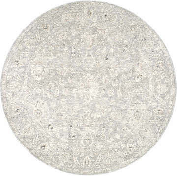 Close-up of the round Azania Area Rug. Cream, light sage, and slate blue traditional farmhouse design. Design-Round-67