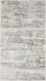 Close-up of Aletta Washable Rug. Contemporary design in beige, green, off white, and slate blue. Soft polyester texture. Design-Rectangle