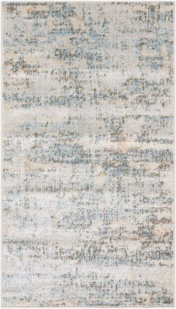 Close-up of Aletta Washable Rug. Contemporary design in beige, green, off white, and slate blue. Soft polyester texture. Design-Rectangle