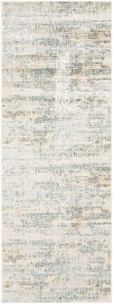 Close-up of the Aletta Washable Rug. Contemporary design in beige, green, off white, and slate blue. 100% Polyester. Design-Runner-2773