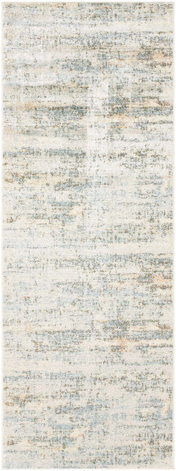 Close-up of the Aletta Washable Rug. Contemporary design in beige, green, off white, and slate blue. 100% Polyester. Design-Runner-2773