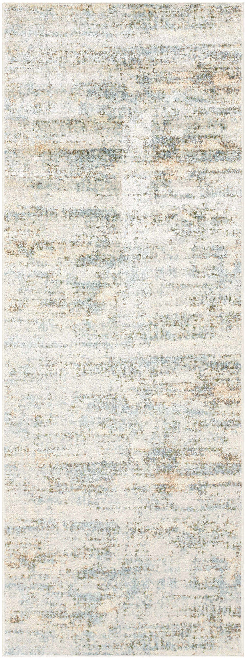 Close-up of the Aletta Washable Rug. Contemporary design in beige, green, off white, and slate blue. 100% Polyester. Design-Runner-2773