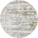 Close-up of round Aletta Washable Rug. Contemporary design in beige, green, off white, and slate blue. Machine woven texture. Design-Round-67
