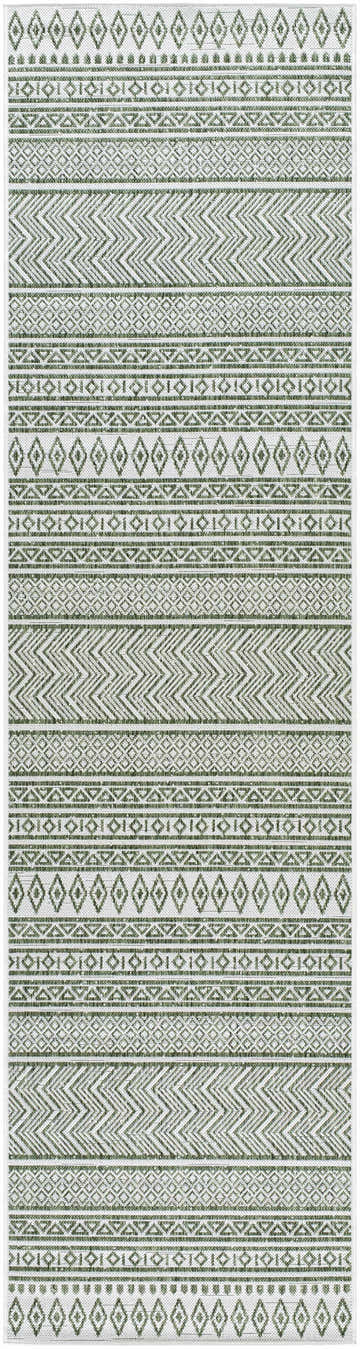 Close-up of Madras Natural Gray Green All Over Performance Area Rug with geometric patterns and farmhouse style. Design-Runner-2710