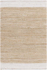 Close-up of the hand woven Aderyn Jute Area Rug. Jute rug with a tan and pearl stripe border. Design-Rectangle-576