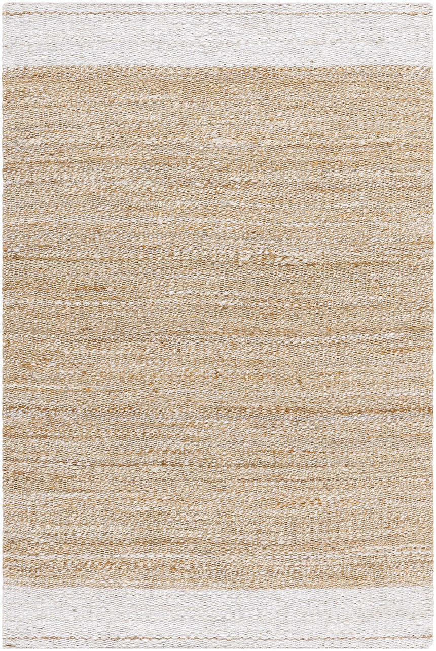 Close-up of the hand woven Aderyn Jute Area Rug. Jute rug with a tan and pearl stripe border. Design-Rectangle-576