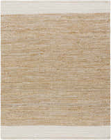 Close-up of the hand-woven Aderyn Jute Area Rug, featuring a camel and pearl color palette. Farmhouse style. Design-Rectangle-810