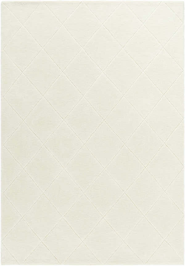 Close-up of the Almeda Washable Wool Area Rug, off-white with a subtle diamond pattern and soft, hand-tufted texture. Design-Rectangle-69