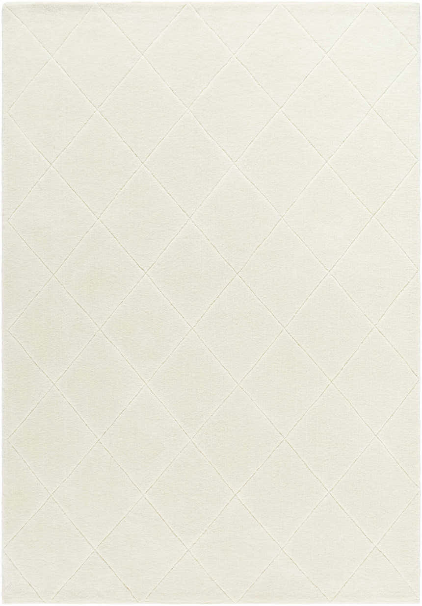 Close-up of the Almeda Washable Wool Area Rug, off-white with a subtle diamond pattern and soft, hand-tufted texture. Design-Rectangle-69