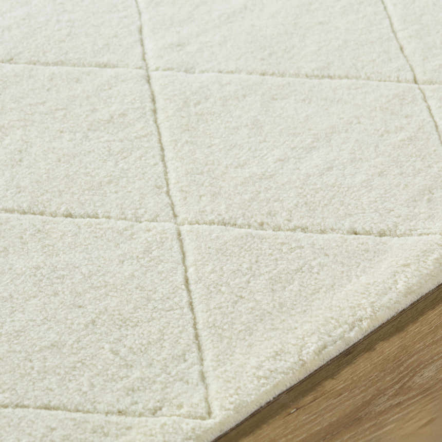 Close up of the off white Almeda Washable Wool Area Rug, showing the hand tufted texture and geometric pattern. Texture