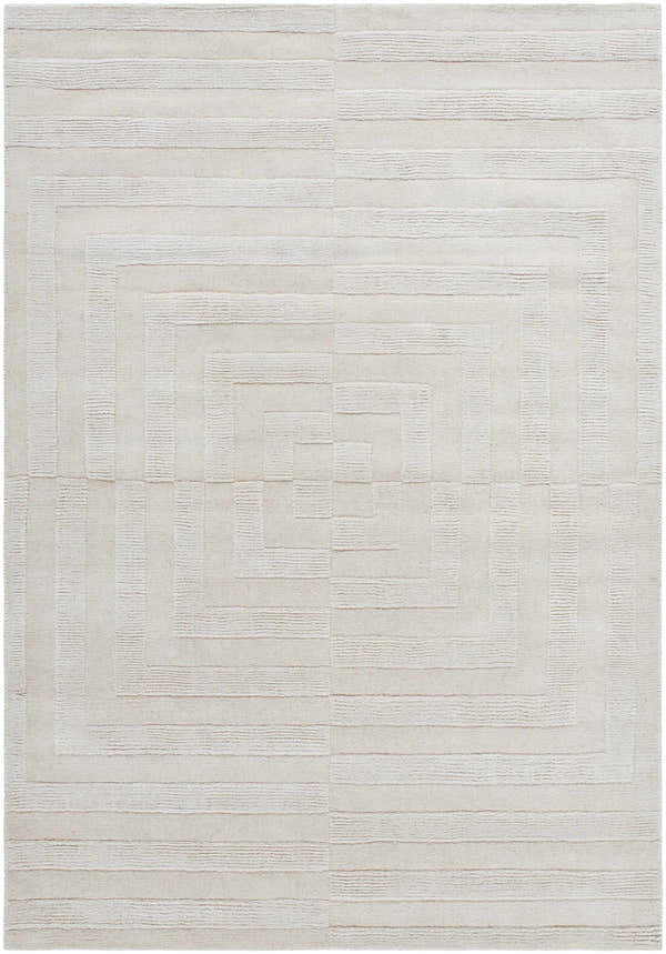 Close-up of the light silver Aretha Area Rug, a hand-loomed wool rug with a geometric, concentric rectangle pattern. Design-Rectangle-5377
