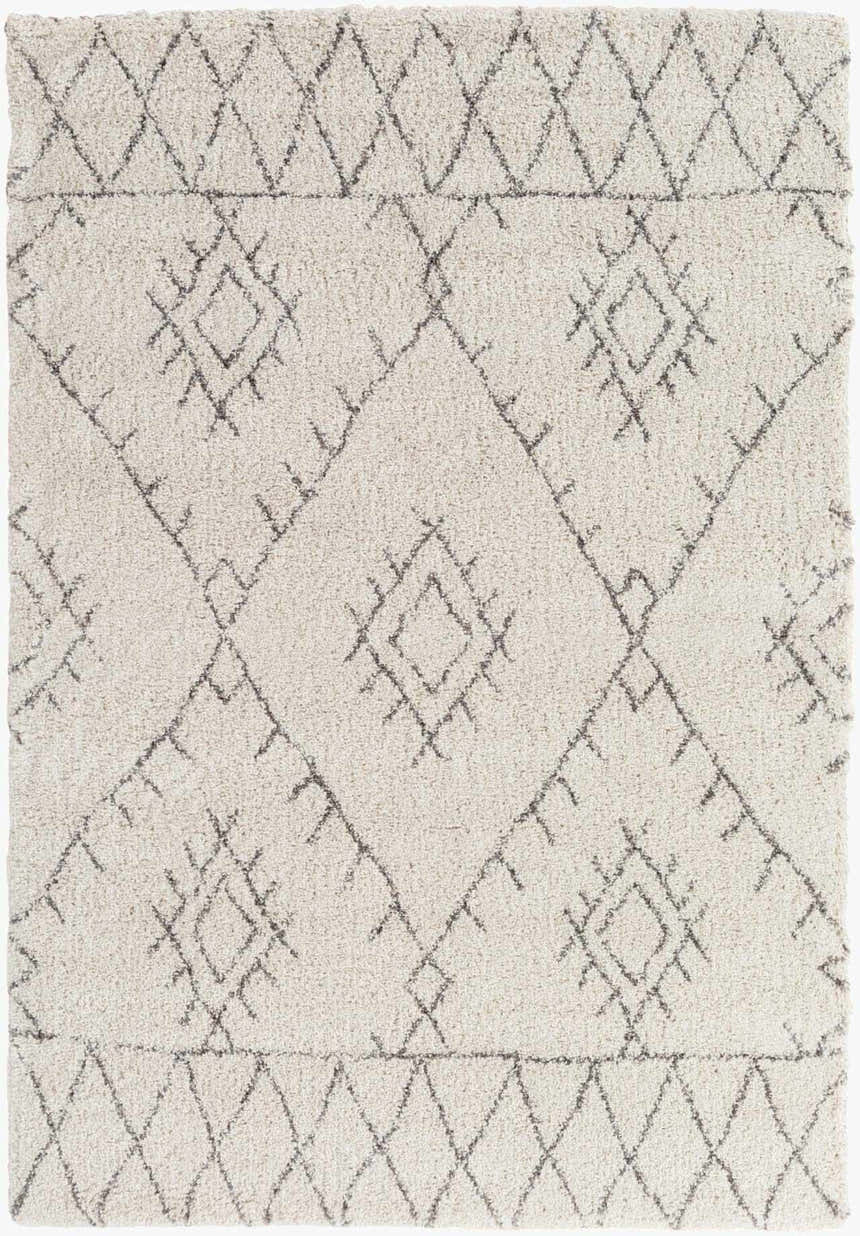 Close-up of the Flintville Moroccan Shag Area Rug. The rug has a light beige base and a charcoal diamond pattern. Design-Rectangle
