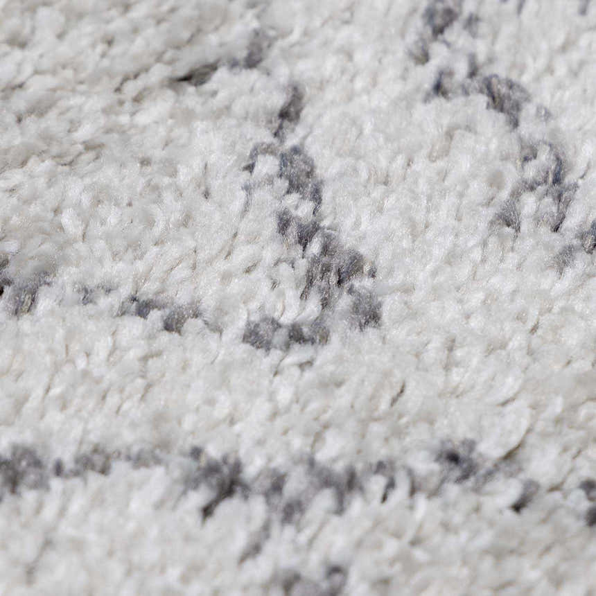Close-up of the Flintville Moroccan Shag Area Rug. Soft, plush texture with a charcoal and light beige bohemian pattern. Texture