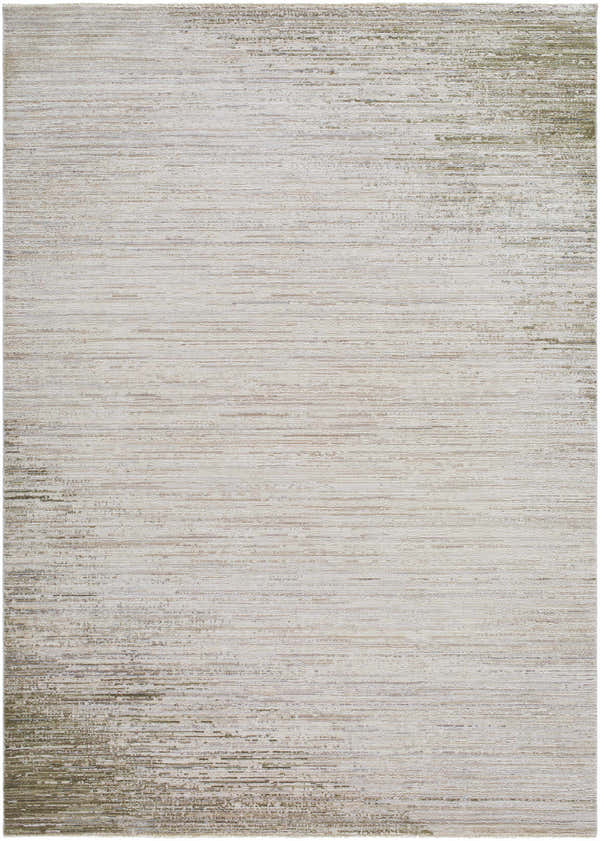 Close-up of the Atarah Area Rug. Machine woven with a subtle horizontal pattern in ash, desert sand, and light silver tones. Design-Rectangle-537