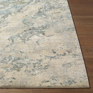 Close-up of the Aliane Thick Luxe Area Rug showing beige, gray, and pale blue abstract pattern and plush texture. Front