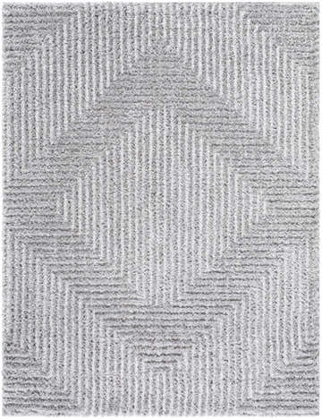 Close-up of the Ashlyn Gray Area Rug featuring a geometric pattern and shag texture in light slate and gray. Design-Rectangle-537