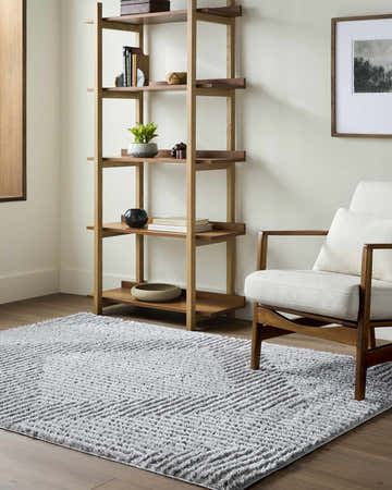 Living room scene with gray Ashlyn Area Rug, wood bookshelf, and mid-century modern chair. Roomscene-Rectangle