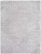 Close-up of the Ashlyn Light Slate Area Rug. Gray shag rug with a geometric maze pattern and soft, textured pile. Design-Rectangle-537