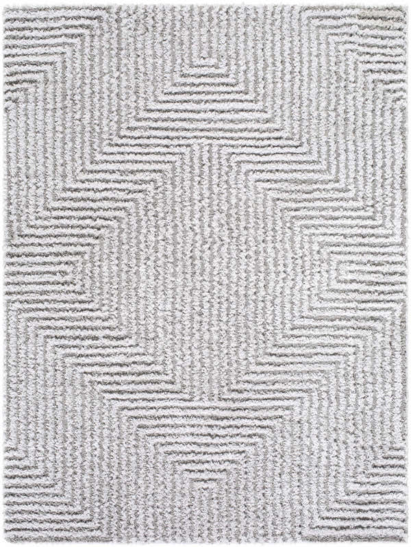 Close-up of the Ashlyn Light Slate Area Rug. Gray shag rug with a geometric maze pattern and soft, textured pile. Design-Rectangle-537