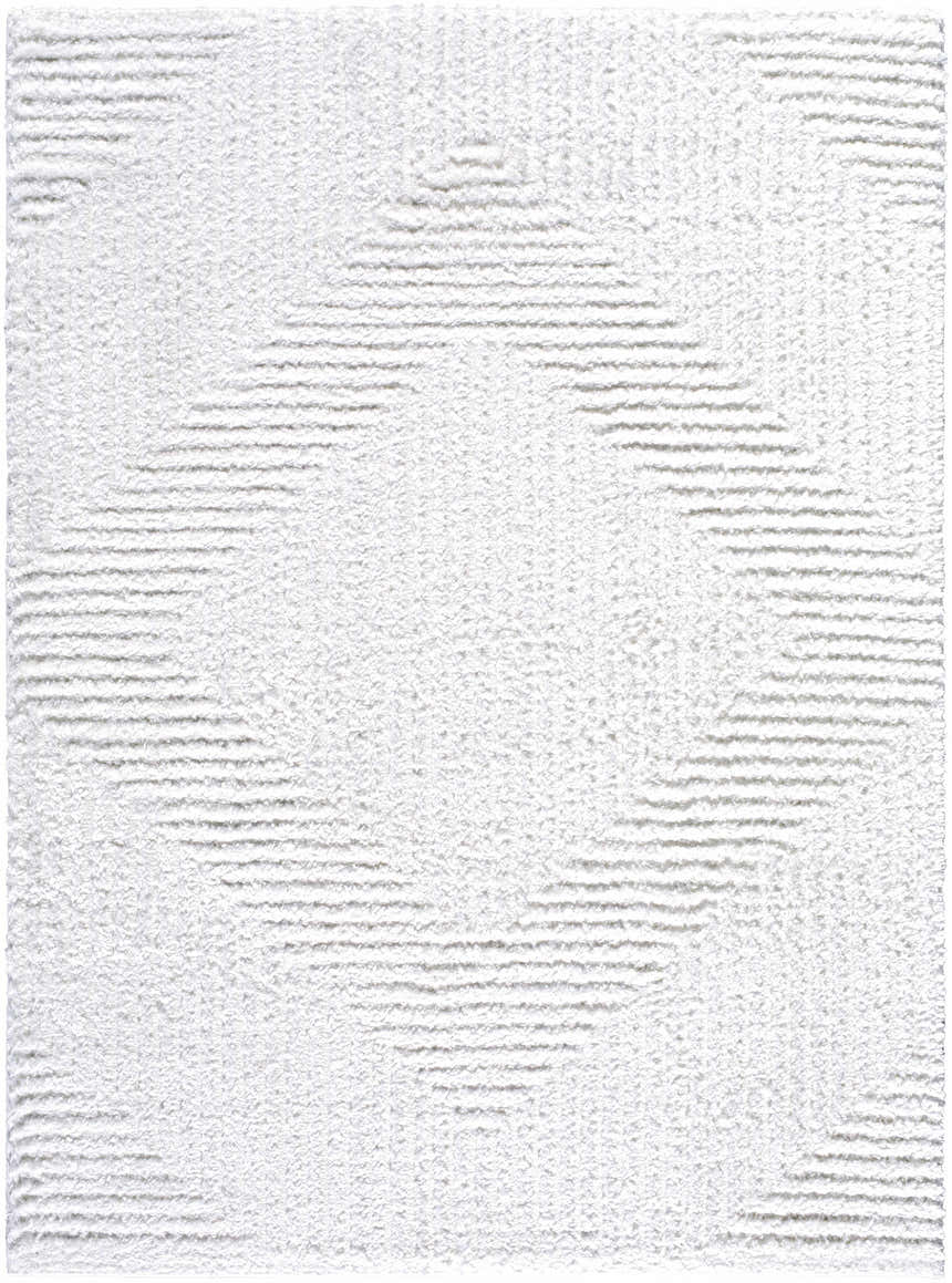Close-up of the Ashlyn Cream Area Rug showing its shag texture and subtle geometric pattern. Design-Rectangle-537