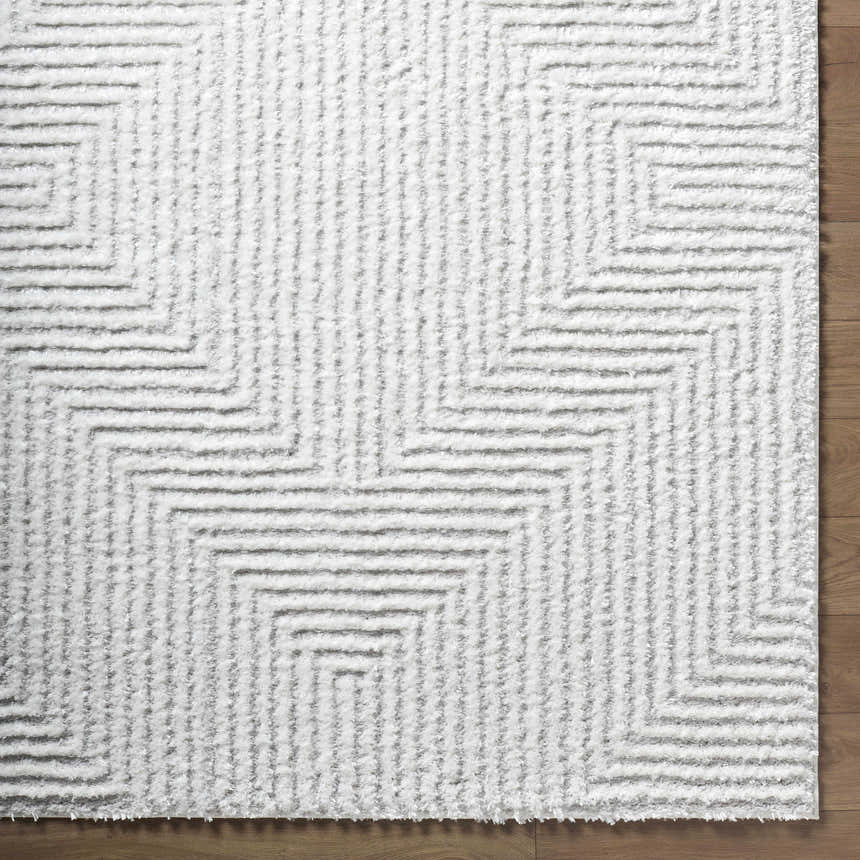 Close-up of the plush Ashlyn Cream Area Rug, showcasing its geometric shag design and soft, textured pile. Corner