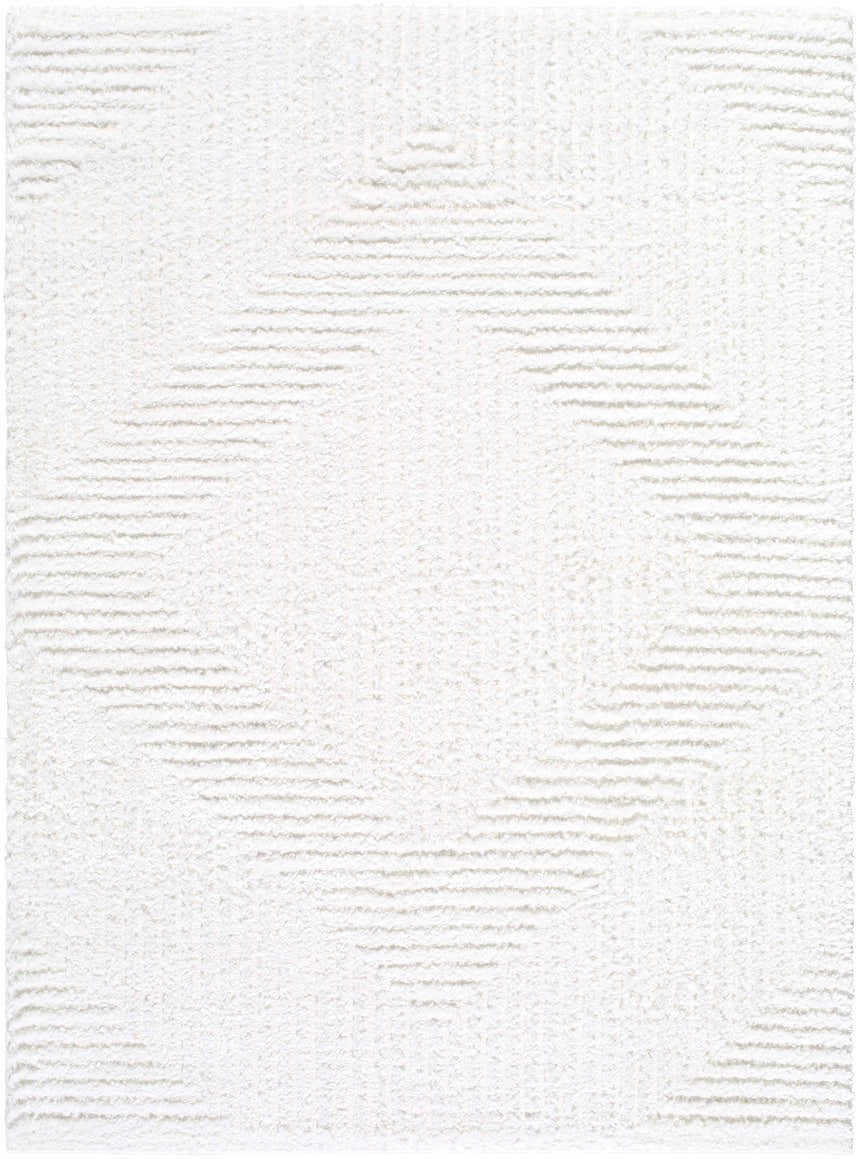 Close-up of the Ashlyn White Area Rug featuring a subtle geometric pattern and soft shag texture. Design-Rectangle-537