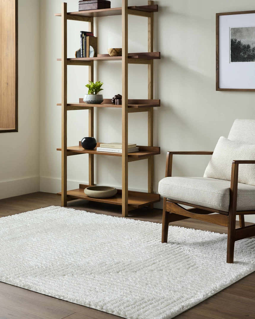 Living room scene with a cream Ashlyn White Area Rug, wood shelving unit, and mid-century modern chair. Roomscene-Rectangle