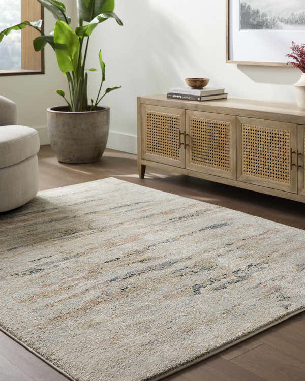 Living room scene with a beige Attila Thick Luxe Area Rug, wood floors, and a light wood media console. Roomscene-Rectangle