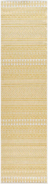 Close-up of the Galal Area Rug. Beige and gold geometric patterns create a farmhouse, transitional design. Design-Runner-2710