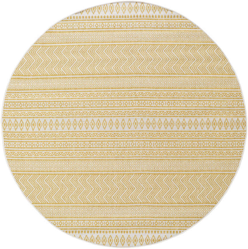 Close-up of round Galal Area Rug. Beige and bone colors with a geometric, farmhouse-style pattern. Design-Round-67