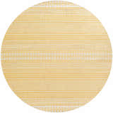 Close-up of round Galal Area Rug in beige and gold. Features a geometric, tribal-inspired pattern. Clearance rug. Design-Round-710