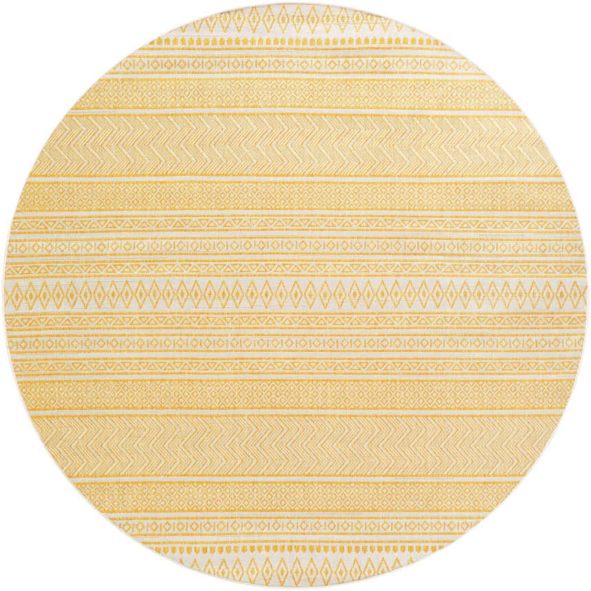 Close-up of round Galal Area Rug in beige and gold. Features a geometric, tribal-inspired pattern. Clearance rug. Design-Round-710