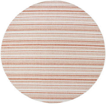 Close-up of a round Garan Area Rug. Stripes in terracotta, beige, and bone. Farmhouse style, machine woven polypropylene. Design-Round-67